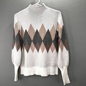 Rachel Zoe Argyle Mock Neck Sweater size M White Tan Gray Tapered Sleeve FLAW